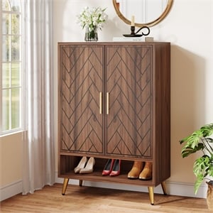 29.52&quot Walnut 6-Tier Wooden Entryway Shoe Storage Cabinet with Doors