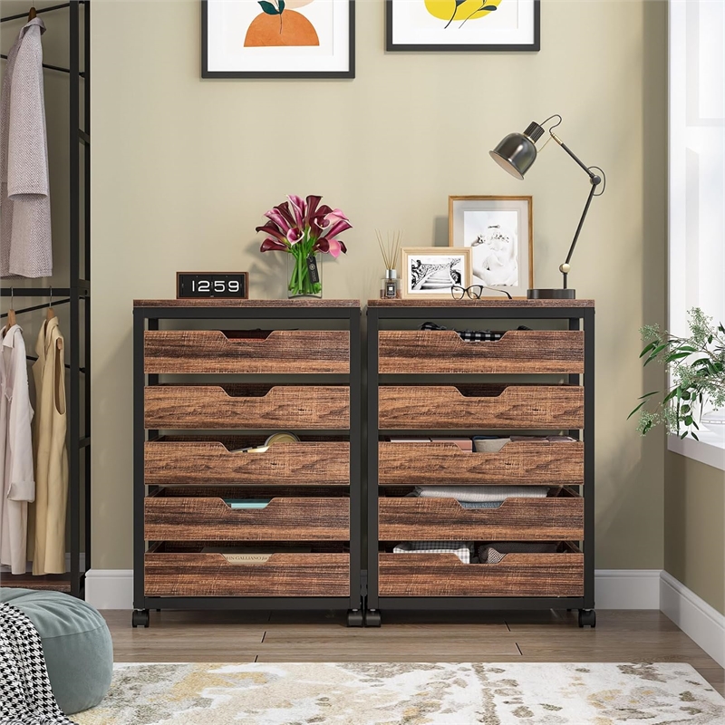 5 Drawer Chest/Wood Storage Dresser Cabinet with Wheels/Industrial
