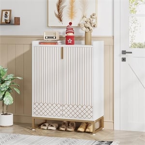 29.52&quot White & Gold Shoe Cabinet with Doors/5 Tiers Storage Organizer