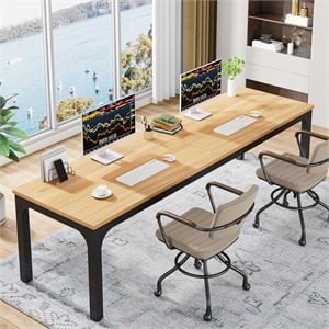 78.7&quot 2-Person Computer Desk with Steel Legs - Light Walnut & Black