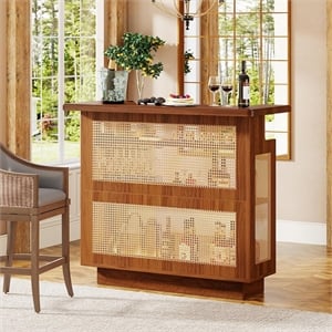 47.24&quot Farmhouse Caramel Brown Rattan 4-Tier Home Bar Unit