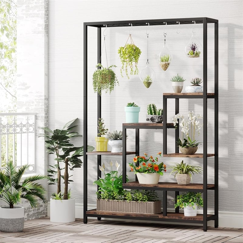 70.86&quot tall 5-tier rustic brown metal plant stand