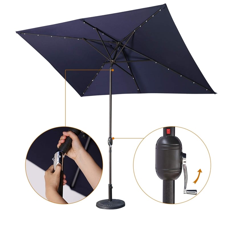 Moootto Rectangular Waterproof Fabric Patio Umbrella & Solar Lights in Navy
