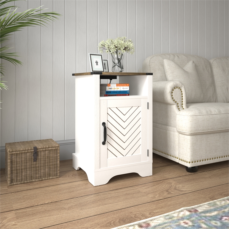 Farmhouse Nightstand Side End Table with Charging Station - White & Rustic