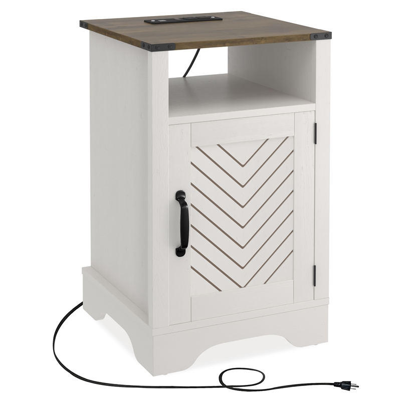 Farmhouse Nightstand Side End Table with Charging Station - White & Rustic