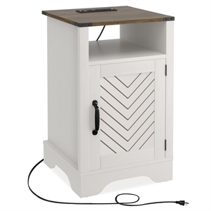 Farmhouse Nightstand Side End Table with Charging Station - White & Rustic