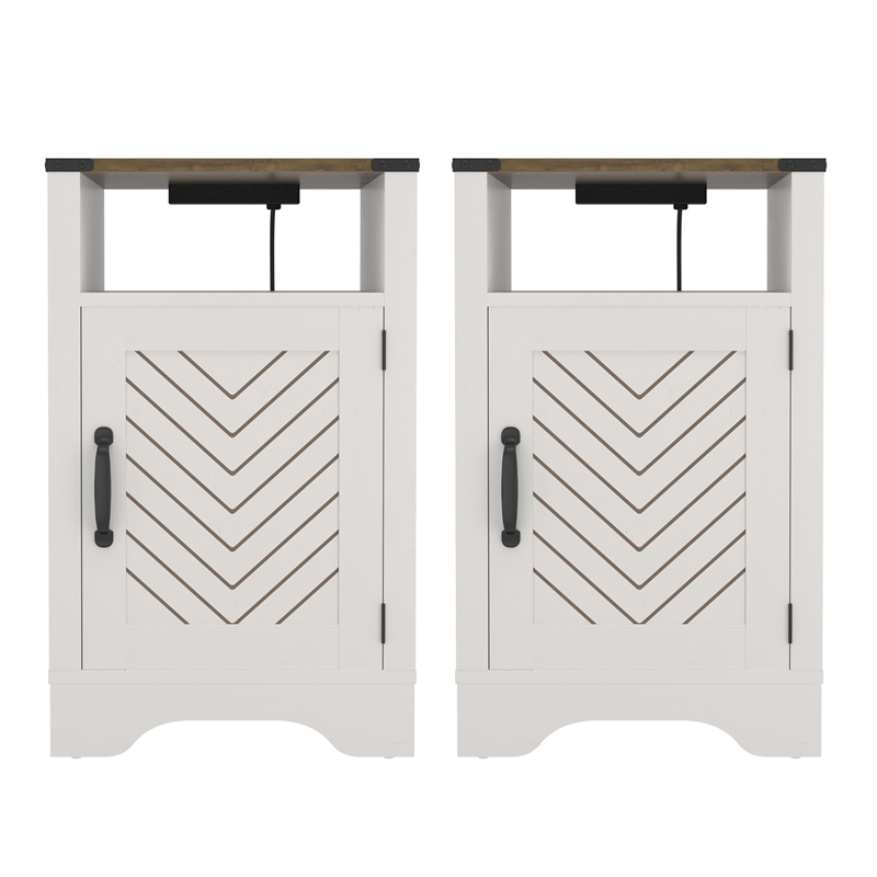 Farmhouse Nightstand Side End Table with Charging Station 2 Sets White & Rustic