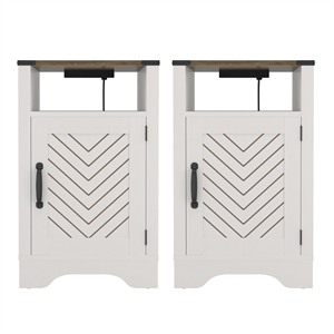 Farmhouse Nightstand Side End Table with Charging Station 2 Sets White & Rustic