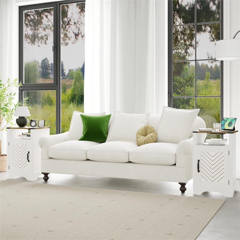 Farmhouse Nightstand Side End Table with Charging Station 2 Sets White & Rustic