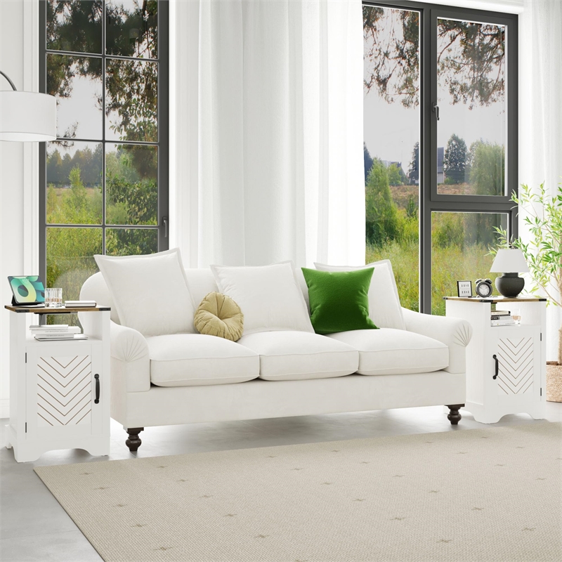 Farmhouse Nightstand Side End Table with Charging Station 2 Sets White & Rustic