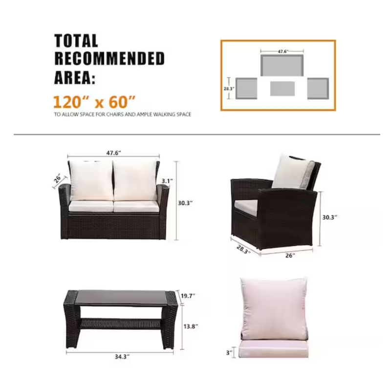 Outdoor PE Rattan Wicker Outdoor Patio 4-Pieces Furniture Set with Brown