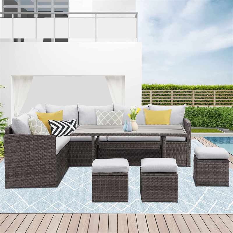 Moootto 7-Piece Modern Stainless Steel Patio Dining Sectional Sofa Set in Gray