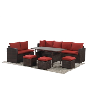 moootto 7-piece modern stainless steel patio dining sectional sofa set in red