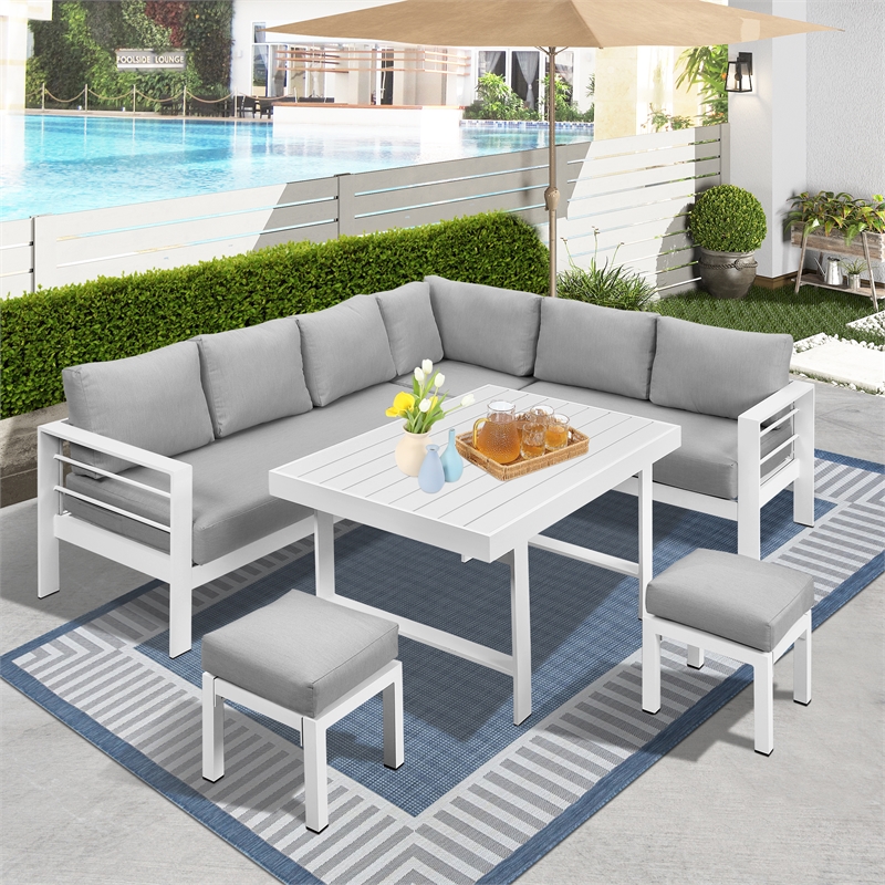 Moootto 6-Piece Outdoor Modern Aluminum & Fabric Dining Set in Light Gray