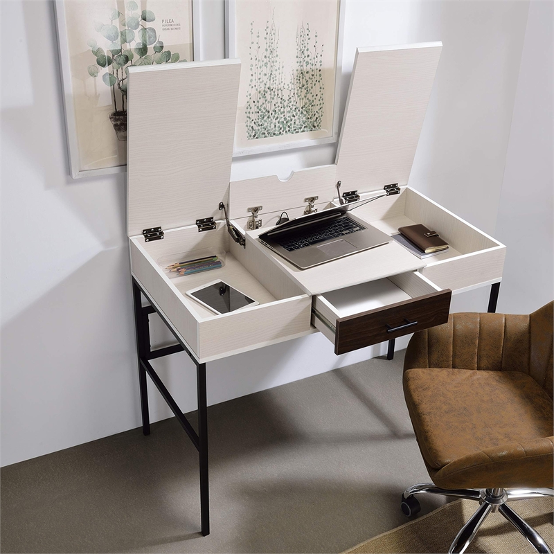 Wooden 1-Drawer Writing Desk with USB Port in Natural and Black