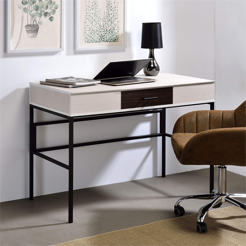 Wooden 1-Drawer Writing Desk with USB Port in Natural and Black