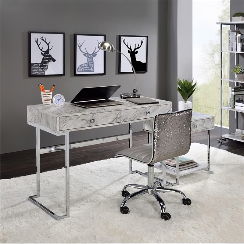 Faux Marble Top Writing Desk with 2 Drawers in White and Chrome Cymax Business