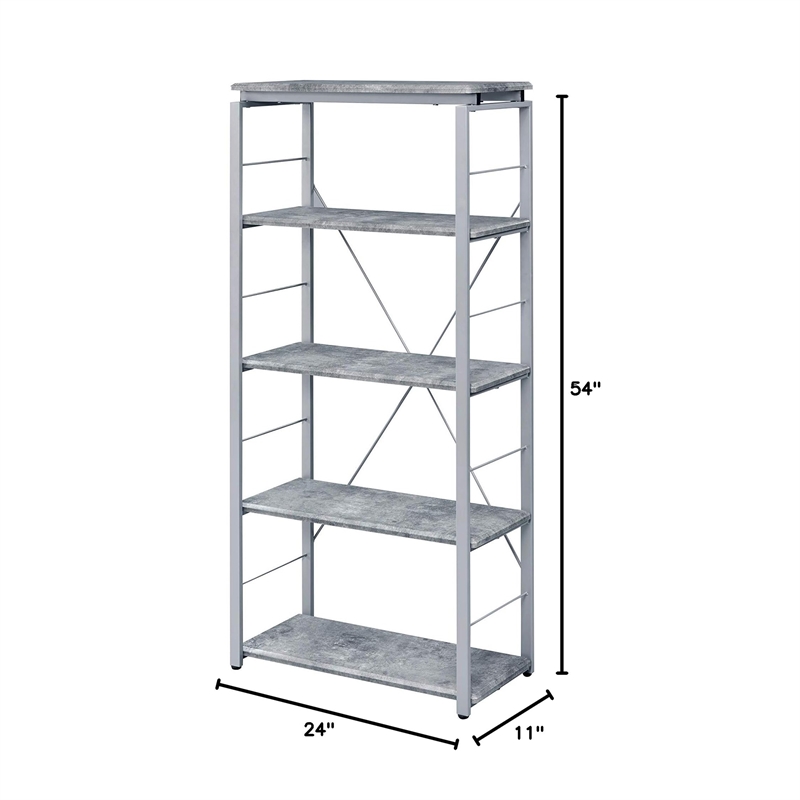 5 Wooden Tiers Rectangular Bookshelf in Gray and Silver