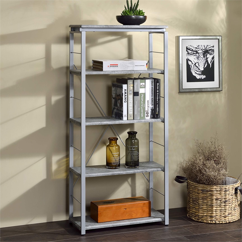 5 Wooden Tiers Rectangular Bookshelf in Gray and Silver