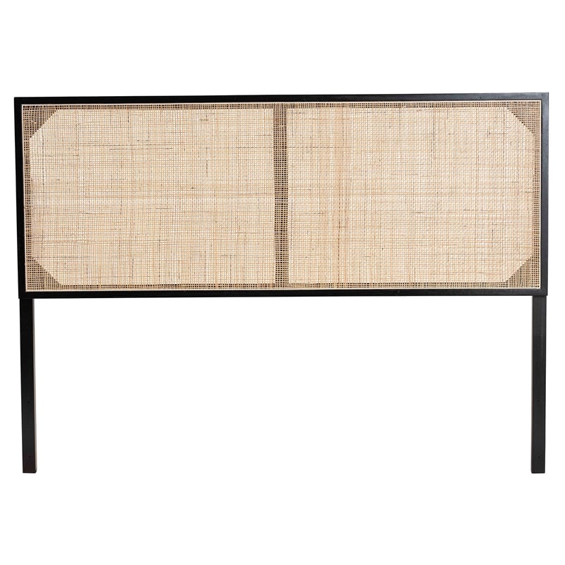 bali & pari Aurelia Black Bayur Wood and Natural Rattan Queen Size Headboard