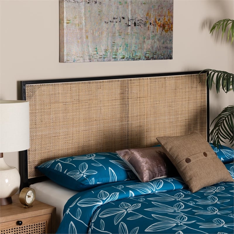 bali & pari Aurelia Black Bayur Wood and Natural Rattan Queen Size Headboard