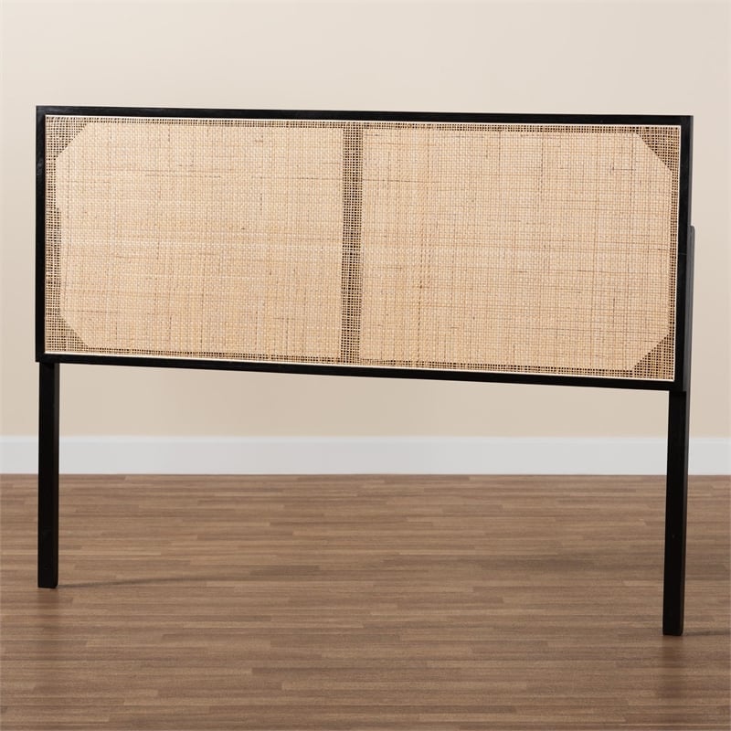 bali & pari Aurelia Black Bayur Wood and Natural Rattan Queen Size Headboard