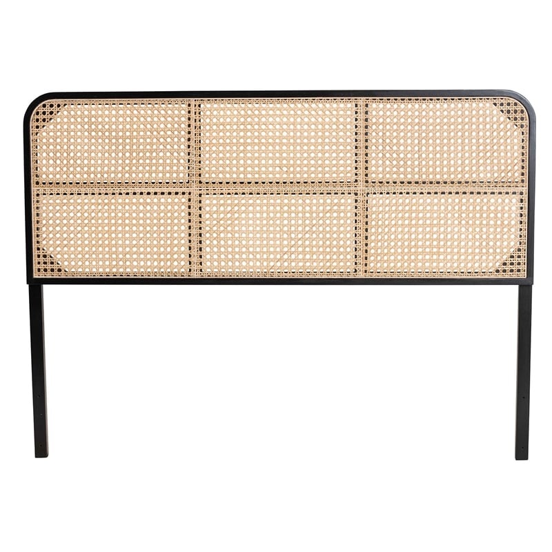 bali & pari Lainer Black Bayur Wood and Natural Rattan Queen Size Headboard