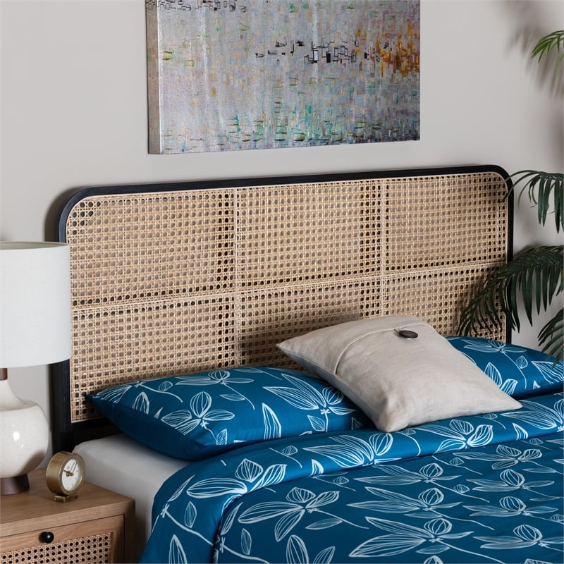 bali & pari Lainer Black Bayur Wood and Natural Rattan Queen Size Headboard