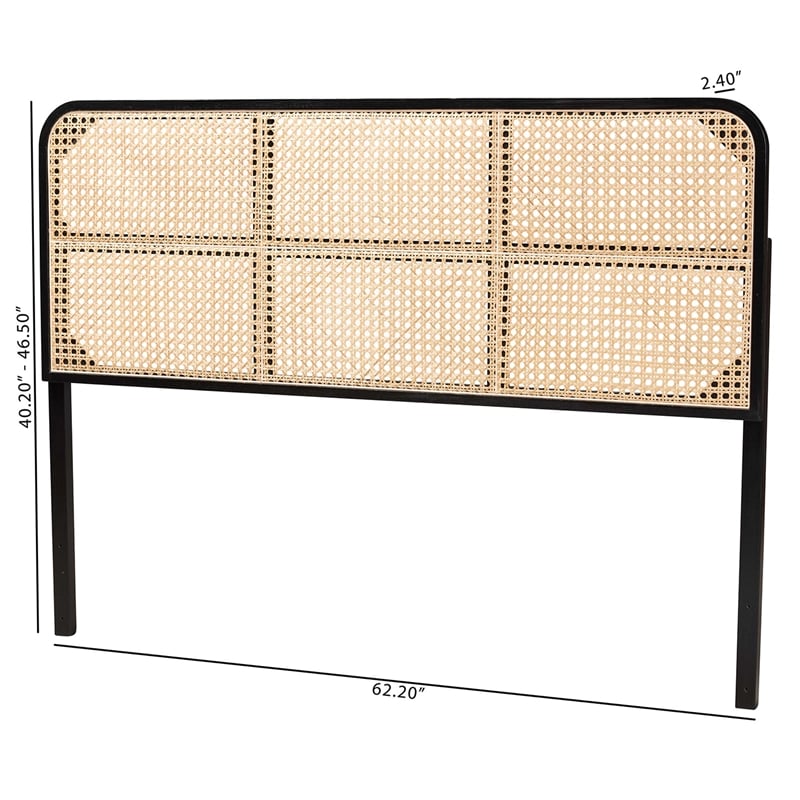 bali & pari Lainer Black Bayur Wood and Natural Rattan Queen Size Headboard