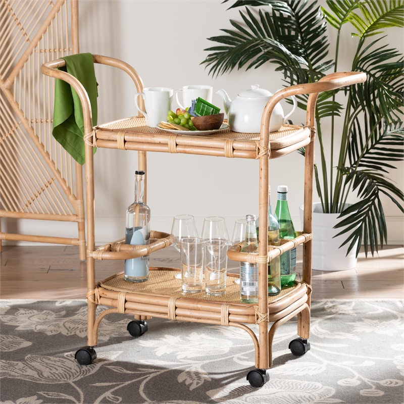 bali & pari Hadia Modern Bohemian Natural Brown Rattan Wine Cart
