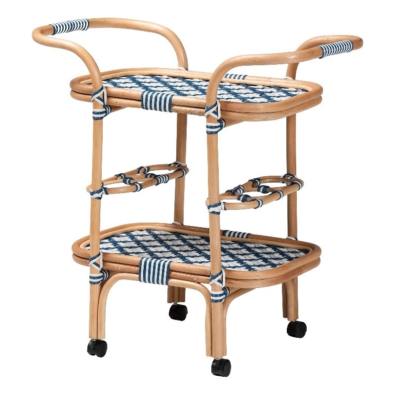 bali & pari Chasca Wood & Natural Rattan Wine Cart in Blue and White
