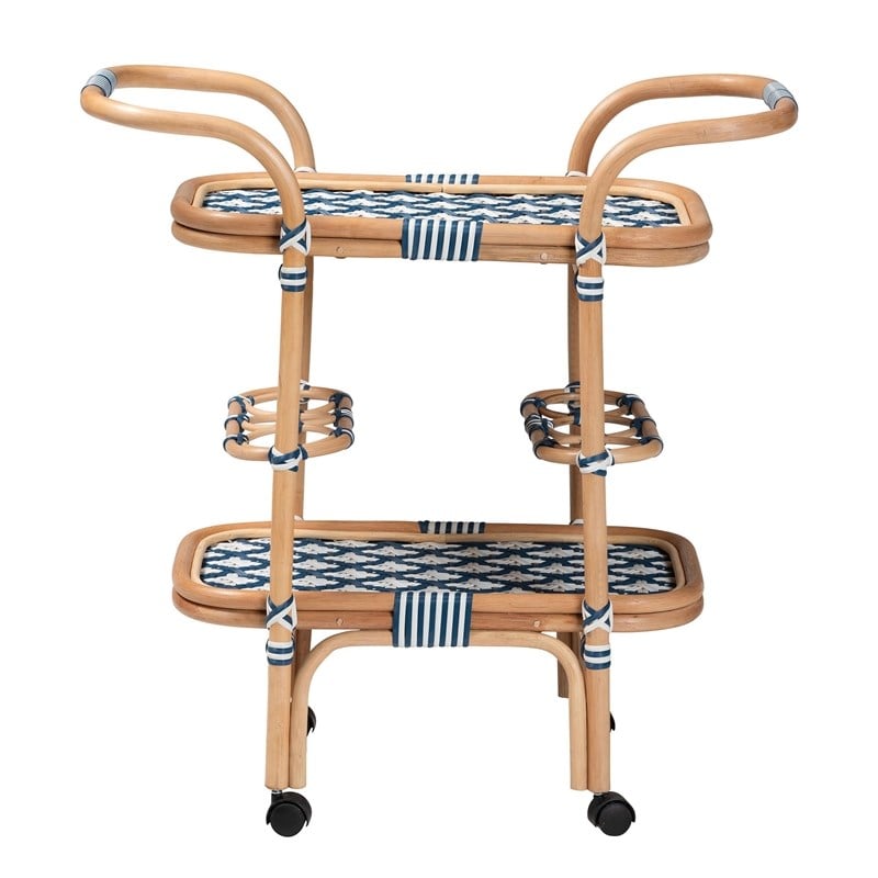 bali & pari Chasca Wood & Natural Rattan Wine Cart in Blue and White