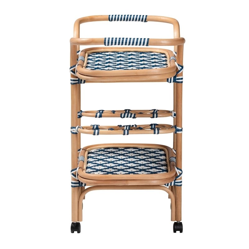 bali & pari Chasca Wood & Natural Rattan Wine Cart in Blue and White