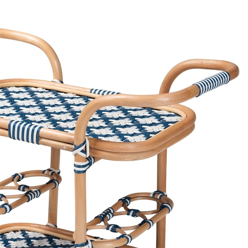 bali & pari Chasca Wood & Natural Rattan Wine Cart in Blue and White