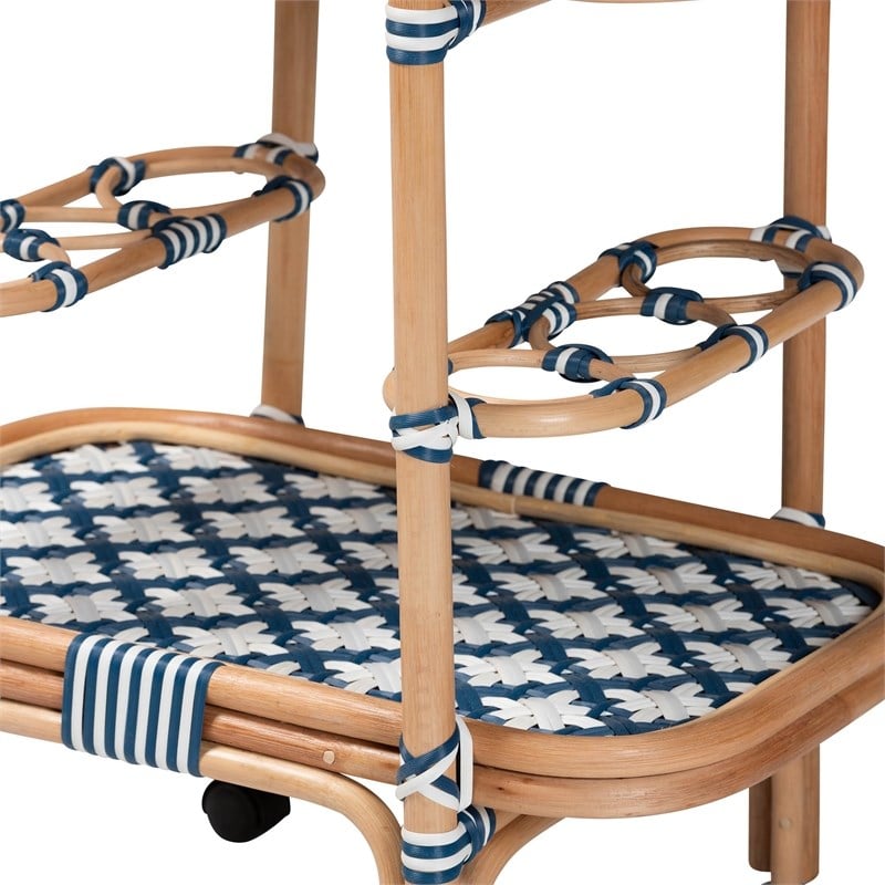 bali & pari Chasca Wood & Natural Rattan Wine Cart in Blue and White