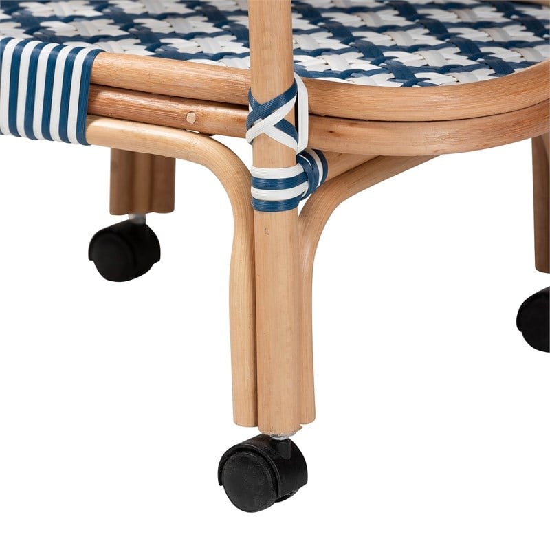 bali & pari Chasca Wood & Natural Rattan Wine Cart in Blue and White