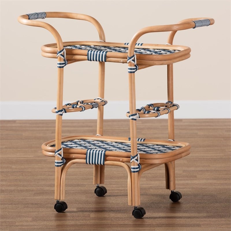 bali & pari Chasca Wood & Natural Rattan Wine Cart in Blue and White