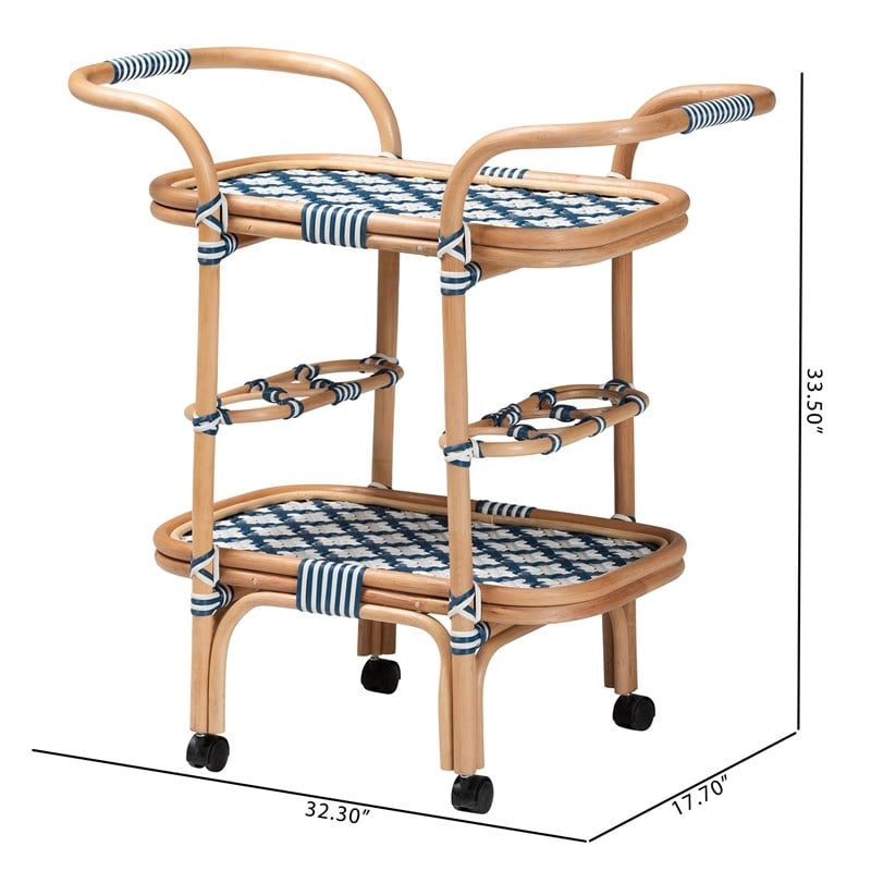 bali & pari Chasca Wood & Natural Rattan Wine Cart in Blue and White