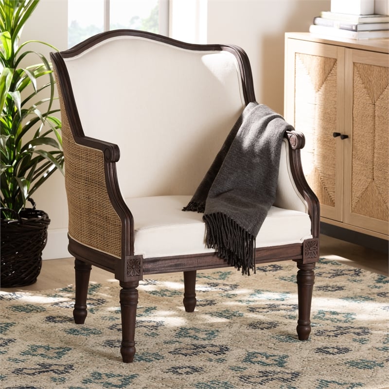 bali & pari Ornella Beige Fabric and Dark Brown Finished Wood Accent Chair