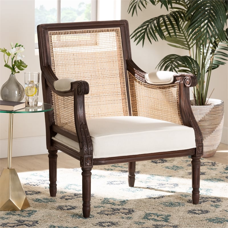 bali & pari Desmond Beige Fabric and Dark Brown Finished Wood Accent Chair