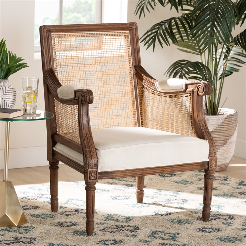 bali & pari Desmond Beige Fabric and Walnut Brown Finished Wood Accent Chair