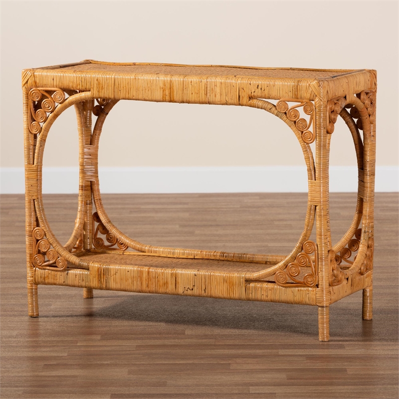 bali & pari Ramona 1-Shelf Modern Rattan Console Table in Light Honey Brown