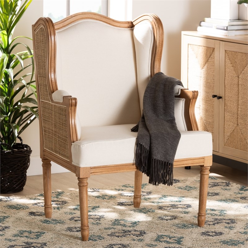 bali & pari Rachana Fabric & Wood Accent Chair in Beige and Honey Oak