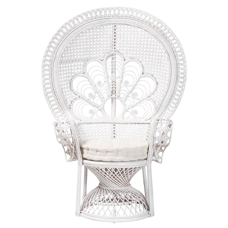 bali & pari Ediva Modern Natural Rattan Peacock Accent Chair in White