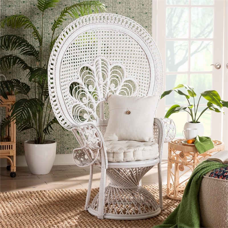 bali & pari Ediva Modern Natural Rattan Peacock Accent Chair in White