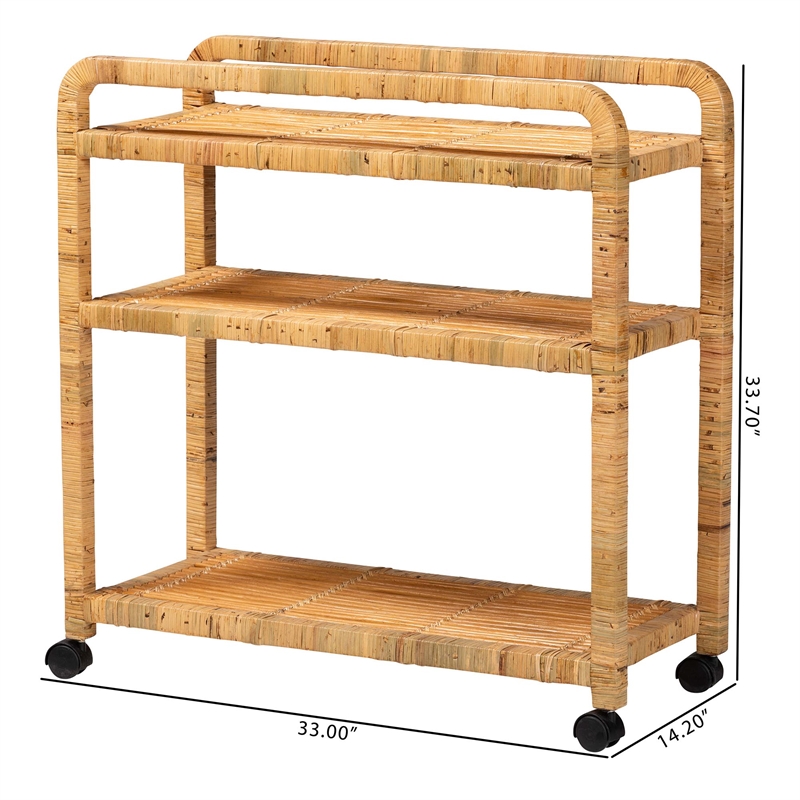 bali & pari Delphine Modern Bohemian Rattan Kitchen Cart in Natural Brown