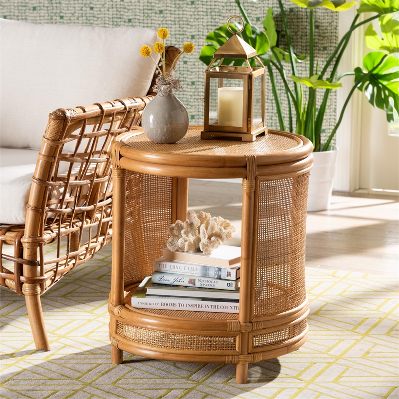 bali & pari Louis Modern Bohemian Rattan End Table in Natural Brown