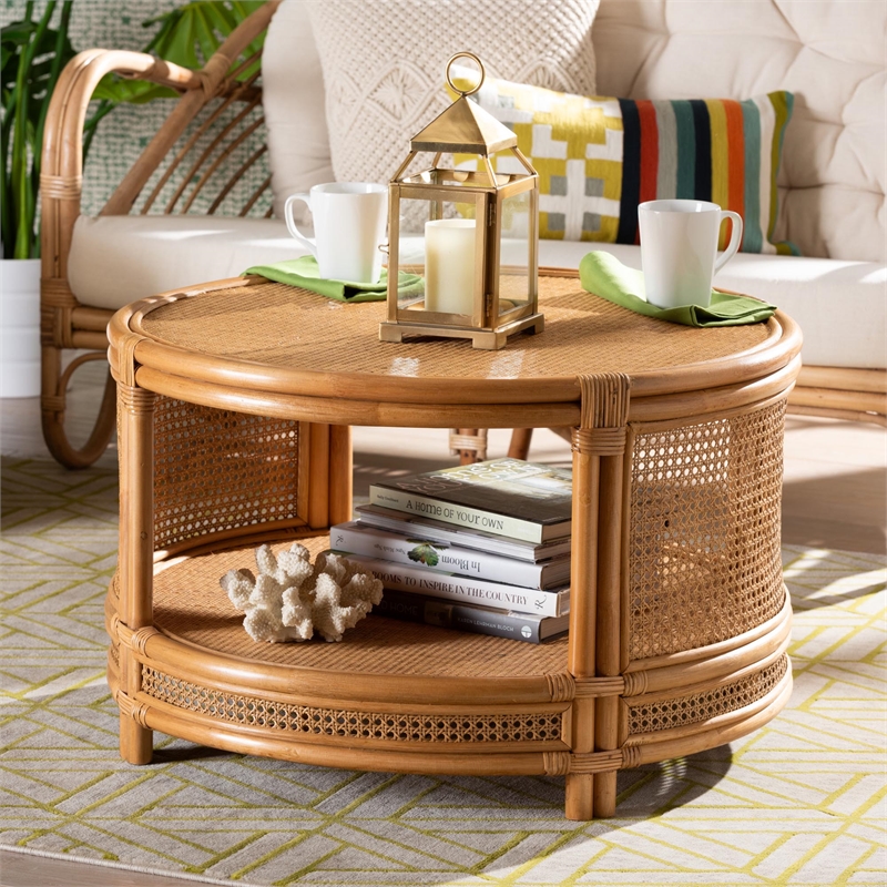 bali & pari Louis Modern Bohemian Rattan Coffee Table in Natural Brown