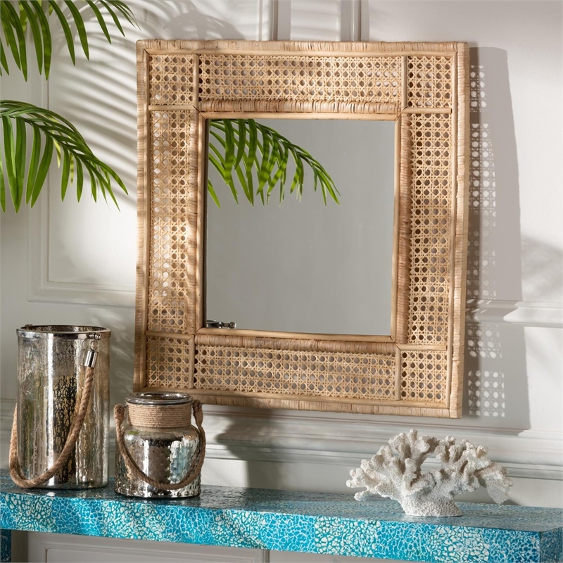 bali & pari Josepha Square Rattan Accent Wall Mirror in Natural Brown