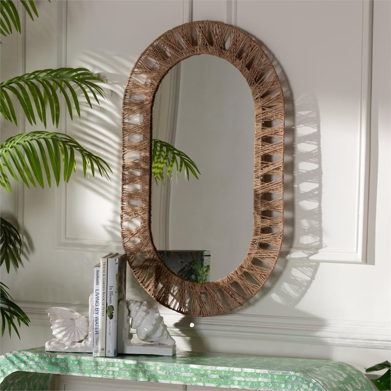 bali & pari Geona Metal & Seagrass Accent Wall Mirror in Natural Brown